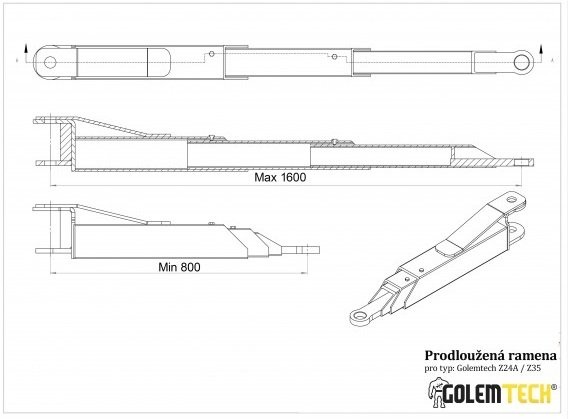 Třídílná prodloužená ramena ke dvousloupovému zvedáku Golemtech - 2ks